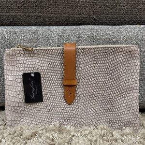 Longchamp Beige Textured Clutch with Tan Strap